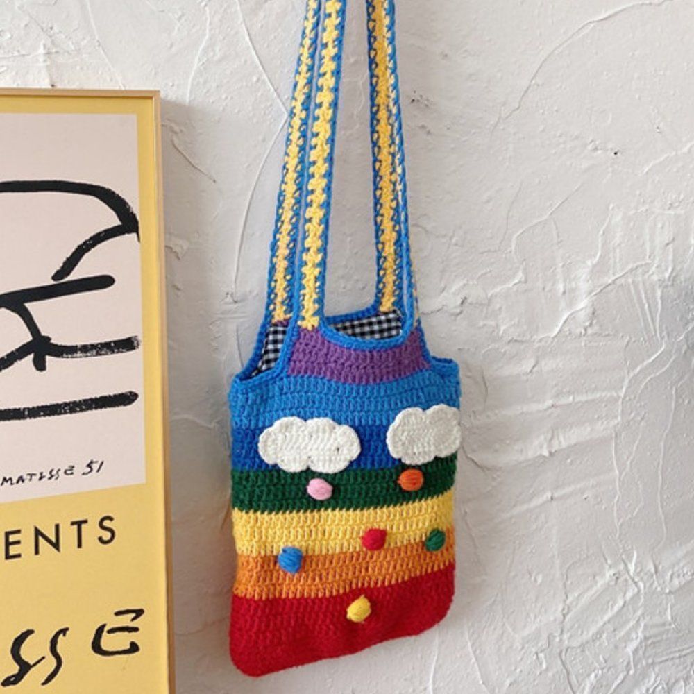 Rainbow Striped Knitted Bag | Women Handmade Crochet Shoulder Bag - Picture 3 of 6